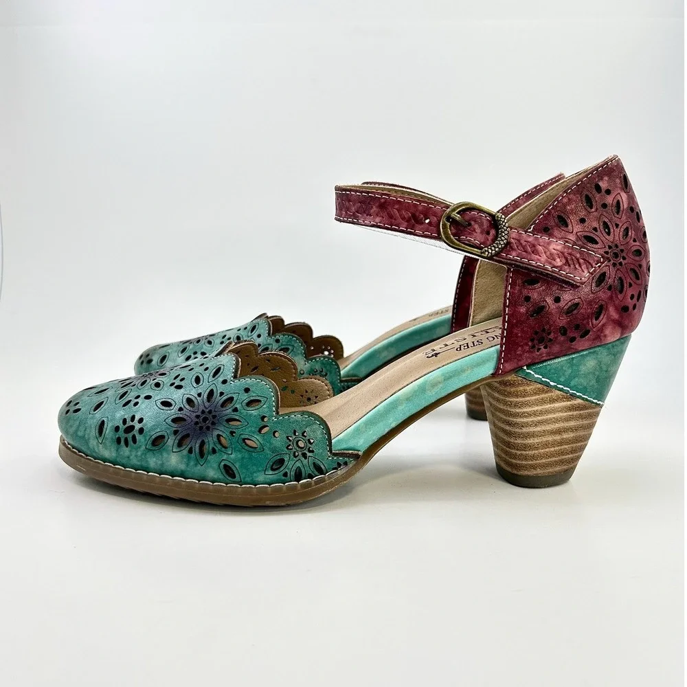 L'Artiste Spring Step Parchetta Blum Blue Multi Leather Heels Shoes 38 US 7.5-8